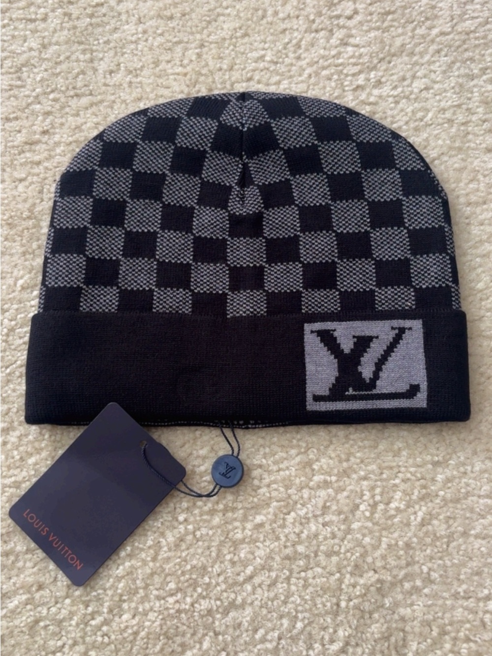 Louis Vuitton Black & Gray Checkerboard Knit Beanie with LV Patch